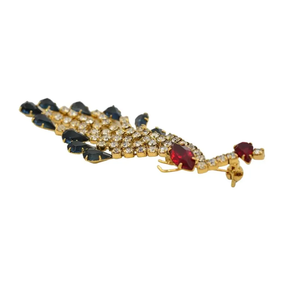 Vintage Crystal Peacock Pin Brooch Prong Blue Pink Rhinestone Gold NOS 1980s 9B